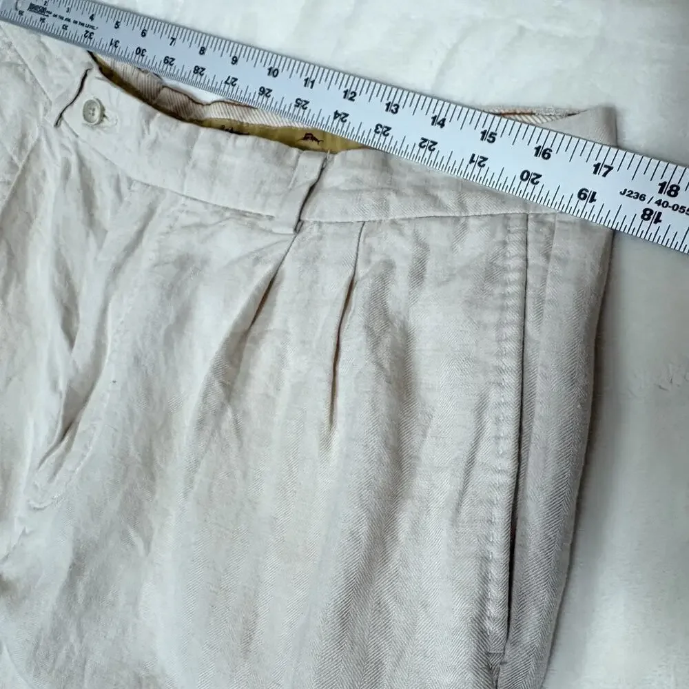 Tommy Bahama Mens Khaki Linen Silk Blend Pleated Pants Fits 34x27 Relaxed Fit